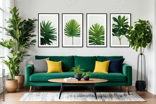 A vibrant and modern living room scene showcases three poster frames hanging on a white wall, featuring a lush green couch, a wooden pot with a vibrant plant, and a sleek floor lamp.