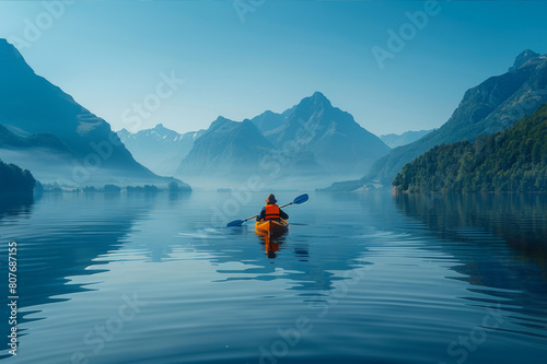 Solo kayaker in a small kayak on a vast lake, distant mountains in the backdrop, clear blue sky. AI generated.