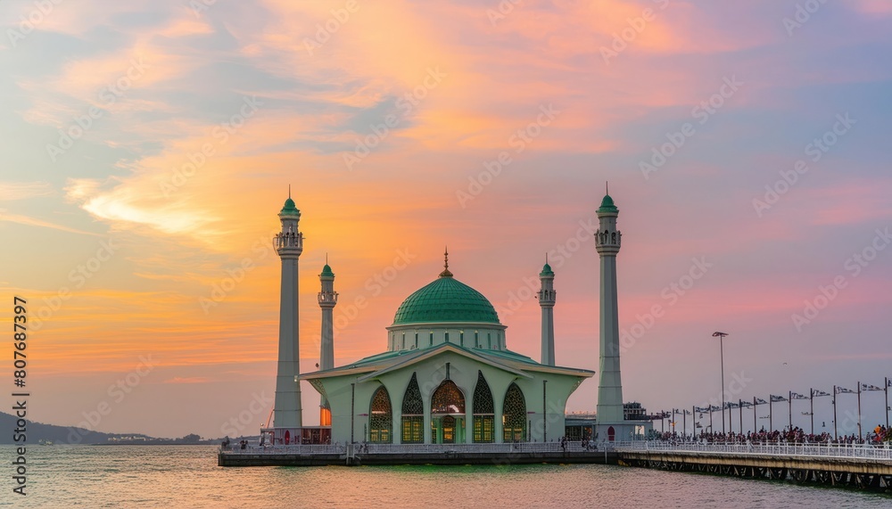 Mosque sunset islamic frame, vertical image, social media story, Ramadan or islamic concept 