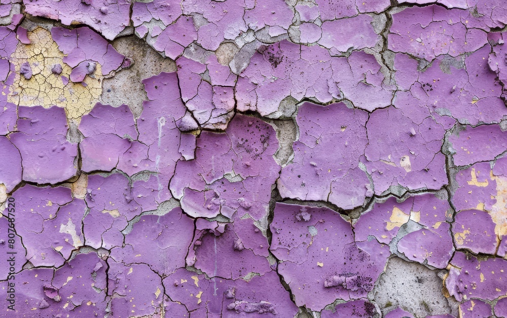 This distressed mural of purple paint showcases a fragmented texture filled with stories and character. The cracked surface becomes an artwork of time's influence.