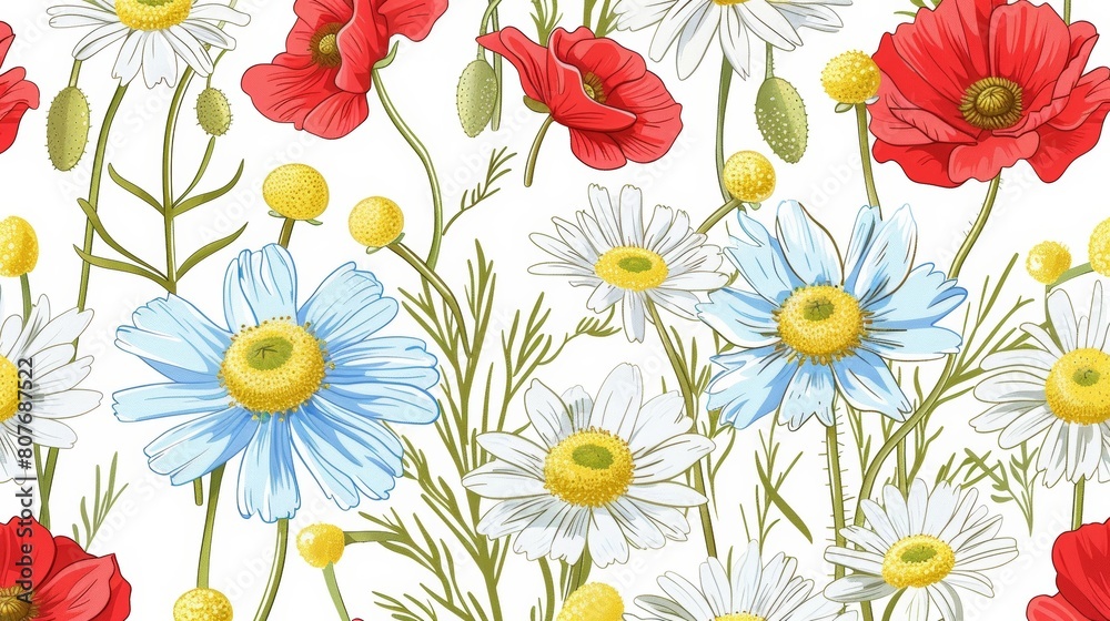 Modern illustration showing chamomile and poppies flowers in a seamless pattern. Can be used on packaging. Modern illustration showing chamomile and poppies flowers in a seamless pattern. Can be used on packaging.