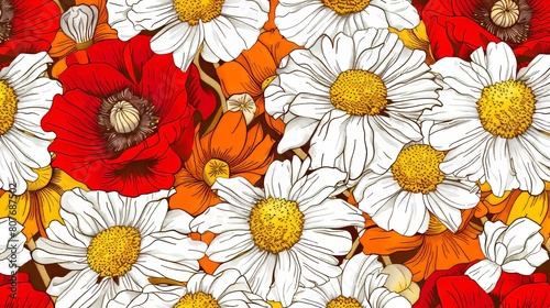 Chamomile and poppies flowers in a seamless pattern. Modern illustration.