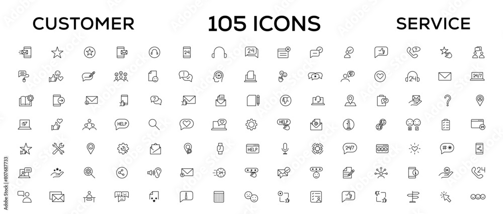 Customer service icon set. Containing customer satisfied, assistance, experience, feedback, operator and technical support icons. Thin outline icons pack. Customer service icon set. Containing customer satisfied, assistance, experience, feedback, operator and technical support icons. Thin outline icons pack.