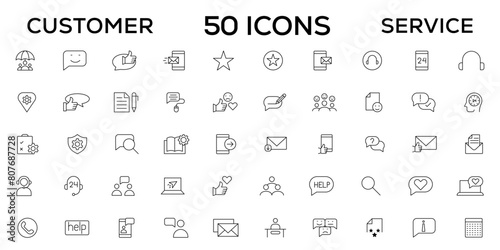 Customer service icon set. Containing customer satisfied, assistance, experience, feedback, operator and technical support icons. Thin outline icons pack.