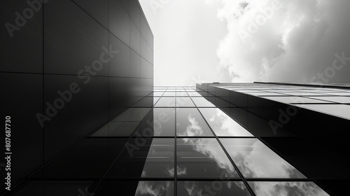 Striking perspective of modern architecture in monochrome emphasizing geometric lines and reflections