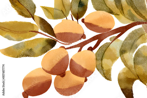 Watercolor ripe argan fruits, Watercolor Argan tree, Watercolor Argan fruits