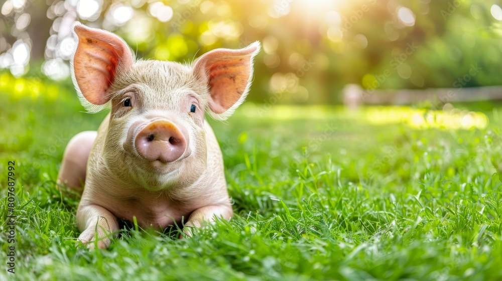 Pink pig close up, sunlight green nature background, happy animal concept, banner, copy space Pink pig close up, sunlight green nature background, happy animal concept, banner, copy space