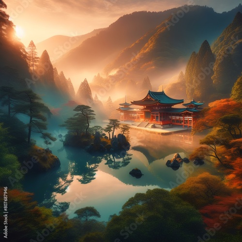 Ethereal Harmony Ancient Temple Tranquility in Japanese Mountains. photo