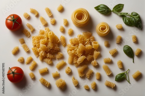 Authentic raw Italian Pasta with Ripe Tomatoes   Fresh green leaves on a Clean White Background.