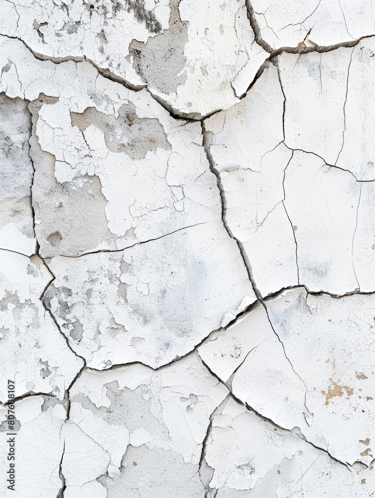 Obraz premium The stark white wall displays a web of crackled paint, showcasing the beauty of age and natural decay. The texture speaks to the enduring character of surfaces over time.