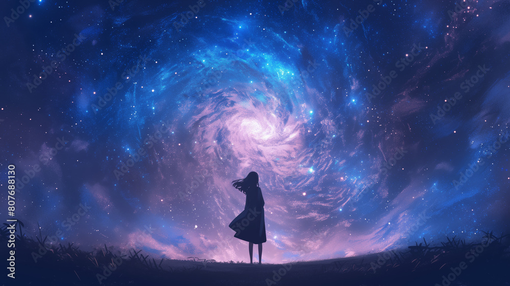 A woman stands in front of a spiral galaxy