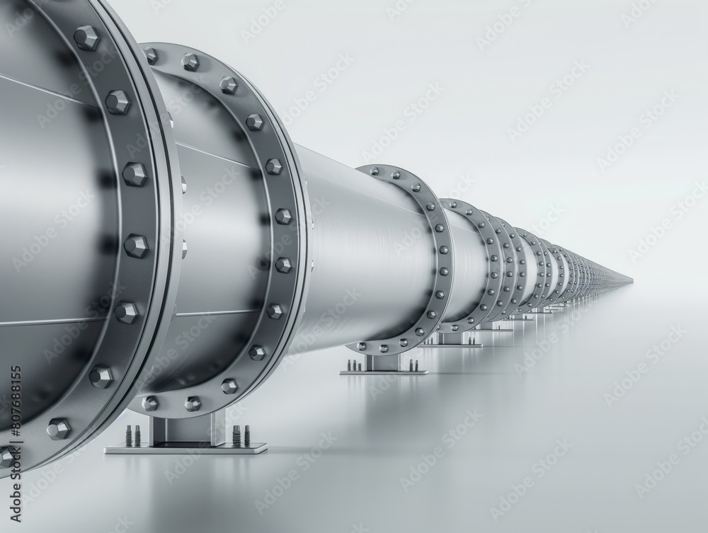 Perspective view of a long industrial pipeline fading into the distance on a neutral background.