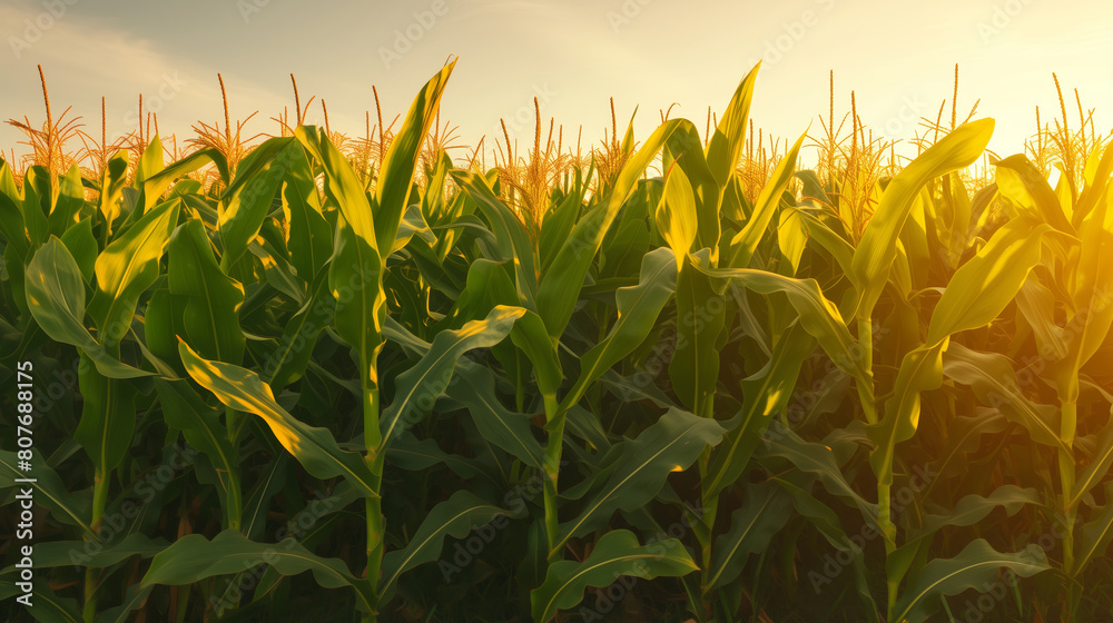 A field of corn is in full bloom, with the sun shining brightly on the leaves A field of corn is in full bloom, with the sun shining brightly on the leaves
