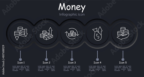 Money set icon. Coins, arrows, profit, losses, financial cycle, deposit, investment, increasing profit, bullion, dollar, bank transfer, large amount of money, infographic. Working with money concept.