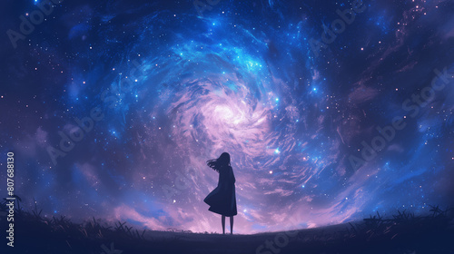 A woman stands in front of a spiral galaxy