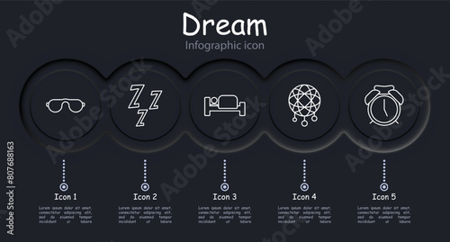 Dream set icon. Slumber, repose, bed, alarm clock, dream catcher, Z, snoring, melatonin, pillow, infographic, sleep cap, neomorphism, black on white. Sleep concept.