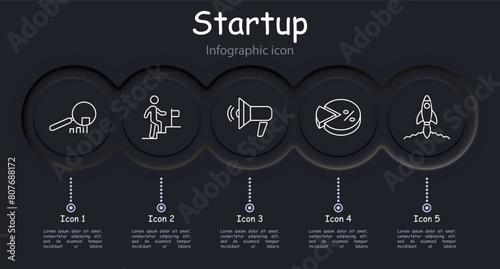 Startup icon set. Loudspeaker, magnifying glass, statistics, graphs, rocket, percentage, diagram, path to goal, strategy, saving money, infographic, task, right on target. Commercial project concept.