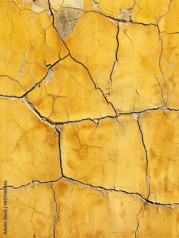 This yellow painted wall exhibits a complex pattern of weathering, where cracks and texture tell a story of the environment's impact over time. This yellow painted wall exhibits a complex pattern of weathering, where cracks and texture tell a story of the environment's impact over time.