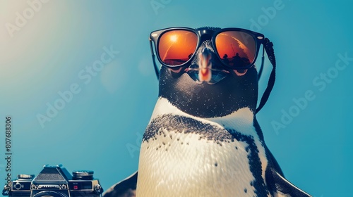 Realistic Photo Penguin and sunglasses. 3D render on fantasy and fufure.