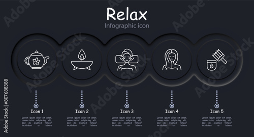 Relax set icon. Tea, tea ceremony, facial massage, acupuncture, cream, oils, healthy and strong hair, aroma candle, infographic, towel, weight loss, neomorphism, traditional medicine. Sauna concept.