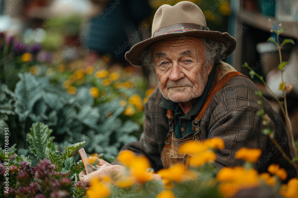 Elderly gardener attentively pruning bushes in a vibrant garden full of various plants and flowers.. AI generated. Elderly gardener attentively pruning bushes in a vibrant garden full of various plants and flowers.. AI generated.
