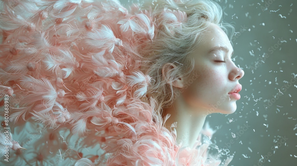 Profile portrait of a young woman with light pink hair turning into swirling delicate petals against a pink background. Perfect for beauty, fantasy and surreal fashion themes. Spring bloom, copy space Profile portrait of a young woman with light pink hair turning into swirling delicate petals against a pink background. Perfect for beauty, fantasy and surreal fashion themes. Spring bloom, copy space