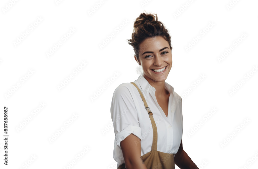 Smiling barista in apron working at a coffee machine iagainst transparent background