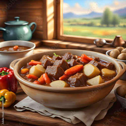 A hearty bowl of beef stew, brimming with chunks of tender meat and hearty vegetables.