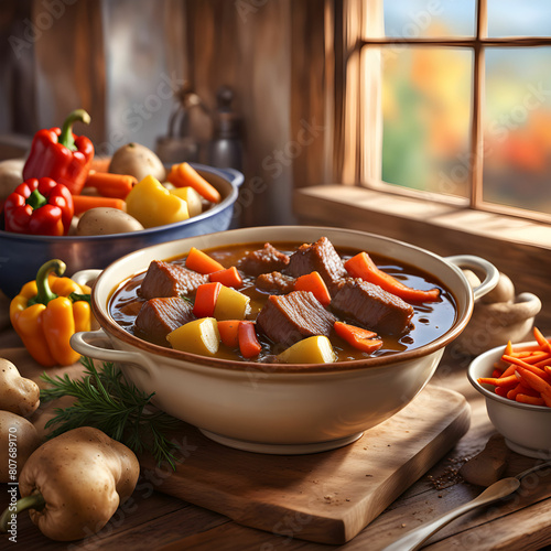A bowl of beef stew, brimming with chunks of tender meat and hearty vegetables.