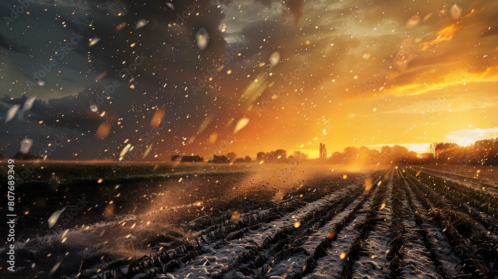  A dramatic scene of heavy hail pelting down on crops, highlighting the vulnerability of agriculture to extreme weather events on World Environment Day. 
