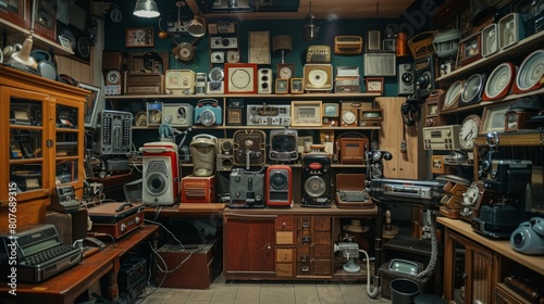 A room filled with a vast collection of vintage electronics, including radios, typewriters, and other antique gadgets, creating a nostalgic atmosphere.