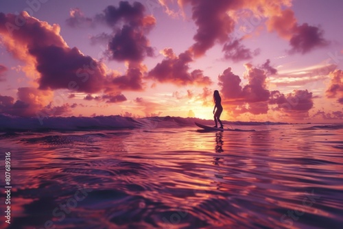 A person standing on a surfboard in the water. Suitable for water sports concept