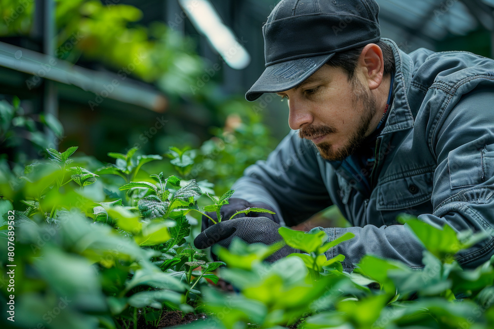 Gardener kneeling and inspecting plant leaves in a green, vibrant garden, showing focus and dedication.. AI generated. Gardener kneeling and inspecting plant leaves in a green, vibrant garden, showing focus and dedication.. AI generated.