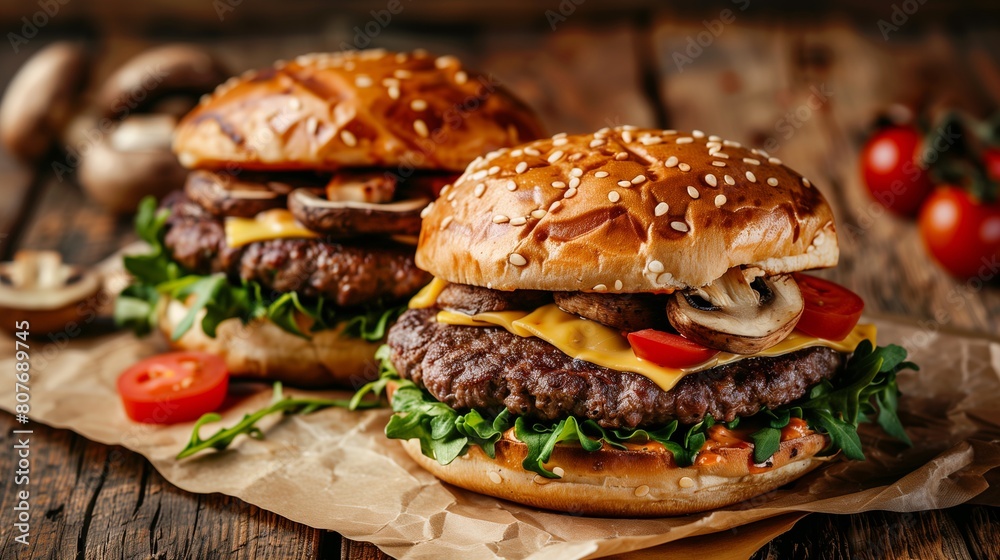 Close-up of two homemade juicy burgers with mushrooms on a wooden cutting board Close-up of two homemade juicy burgers with mushrooms on a wooden cutting board