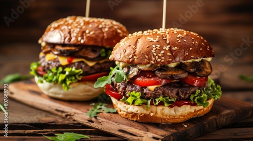 Close-up of two homemade juicy burgers with mushrooms on a wooden cutting board