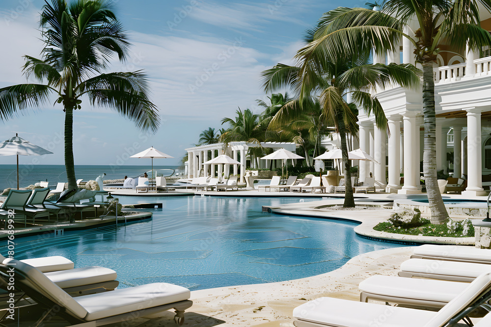 Fototapeta premium Swimming pool and sun loungers at stylish tropical spa hotel, summertime banner mockup. Summer travel sales and vacation concept.