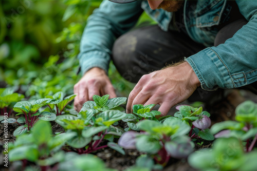 Gardener kneeling and inspecting plant leaves in a green  vibrant garden  showing focus and dedication.. AI generated.