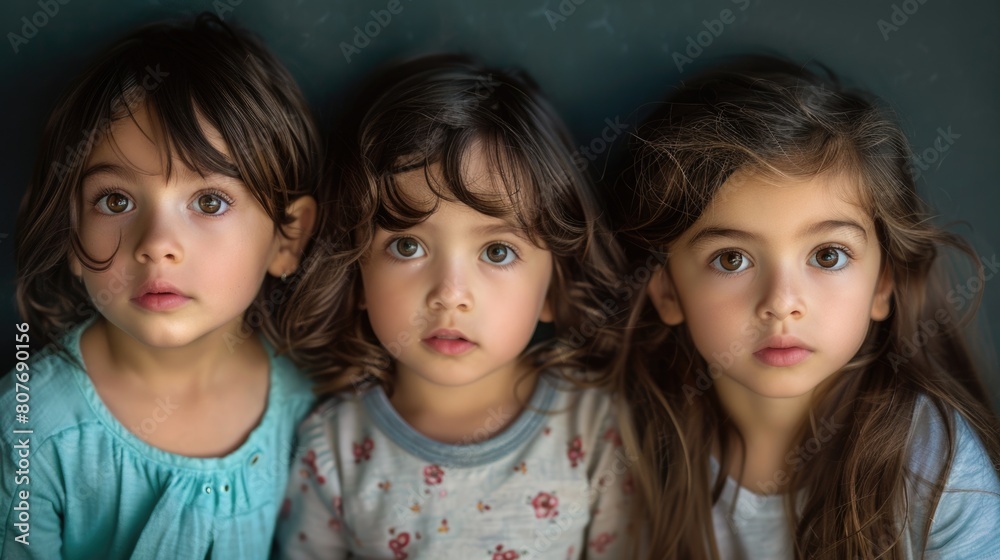 Three little girls standing in a row, suitable for family, friendship, or childhood themes Three little girls standing in a row, suitable for family, friendship, or childhood themes