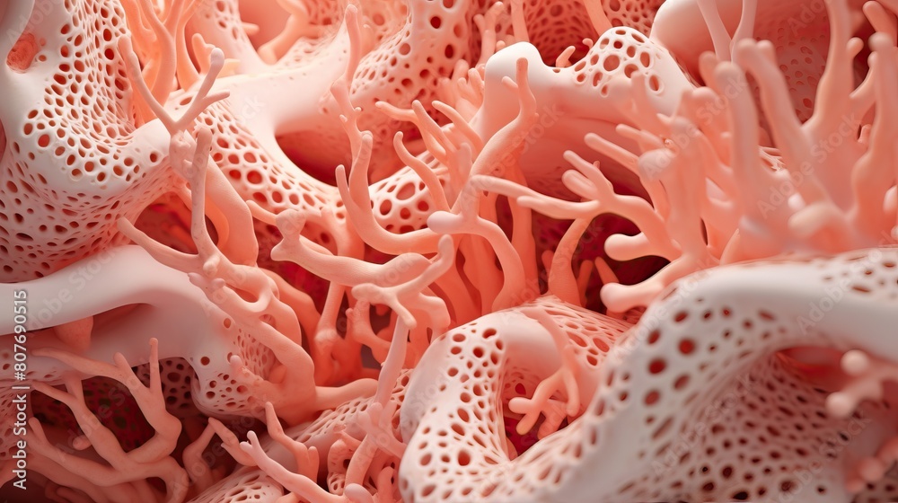 A pink and white organic 3D structure resembling both coral and a human organ A pink and white organic 3D structure resembling both coral and a human organ
