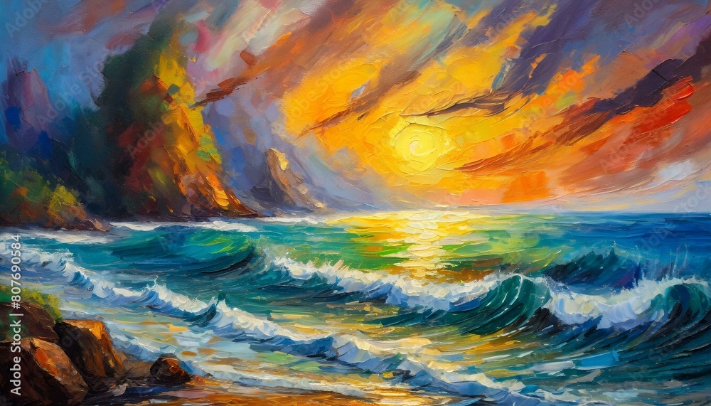 Oil painting of the sea, multicolored sunset, art design