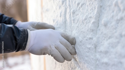 A worker installing a polystyrene foam insulation board on the wall of a house. photo
