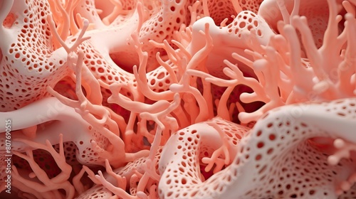 A pink and white organic 3D structure resembling both coral and a human organ