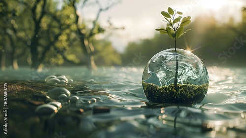  A poignant image capturing the juxtaposition of a half globe submerged in water and the other half dried and barren  symbolizing the delicate balance of ecosystems.