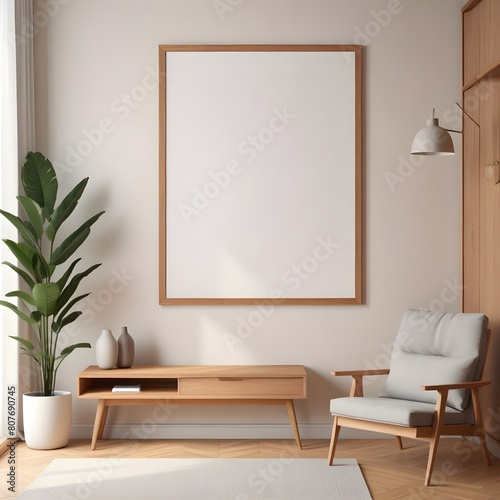 3d rendered empty frame picture mockup in cozy living room