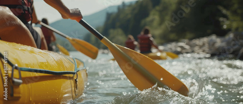 A dynamic river rafting scene with adventurers paddling through sun-drenched rapids, invoking teamwork and excitement.