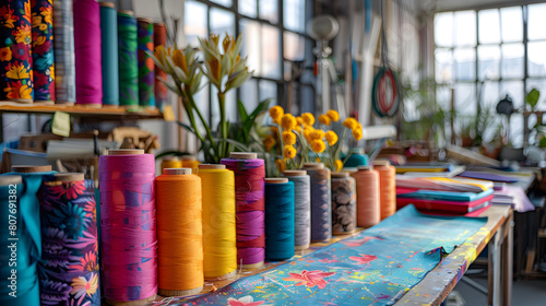 A fashion designers studio, with vibrant fabric rolls as the background, during a creative design session