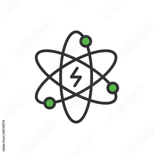 Atomic energy, in line design, green. Atomic energy, nuclear, power, reactor, uranium, fission, radiation on white background vector. Atomic energy editable stroke icon.