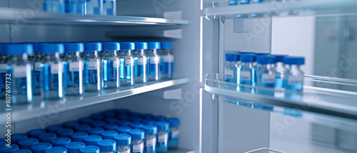 Modern blue vaccine vials stored neatly in a pharmaceutical refrigerator.