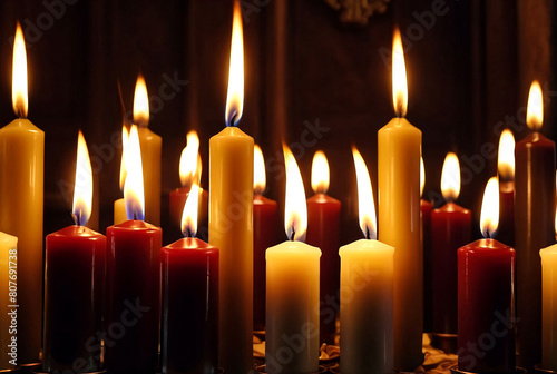 Close up of praying wax candles in orthodox church for ceremony easter. Burning candles easter burn in orthodox temples. Concept of church backgrounds. Copy ad text space. Gen Ai illustration © Alex Vog