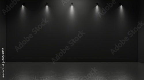 An empty dark studio space with spotlights illumination, a backdrop for a product presentation, a wall covering with glowing beams falling on it. Realistic 3D Modern Illustration.